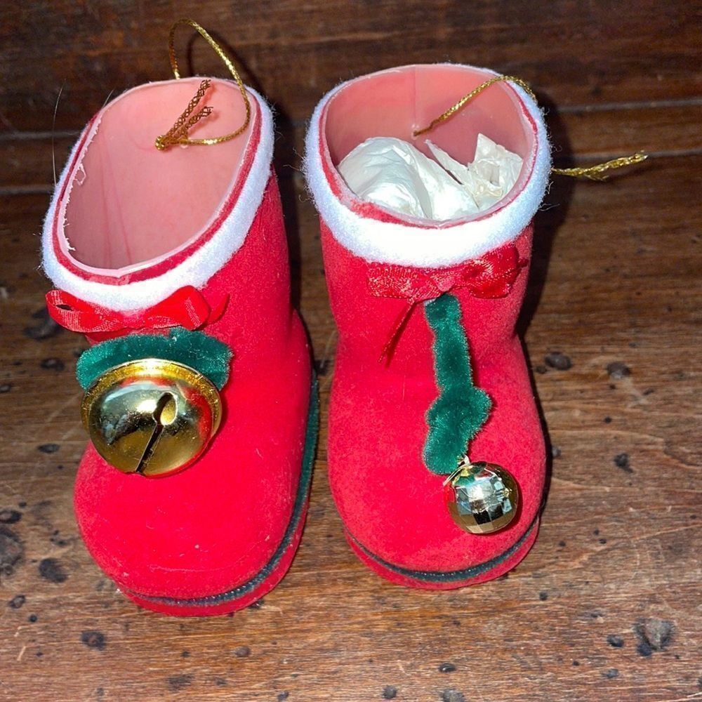 2 vintage red flocked Santa boot ornaments with bells‎